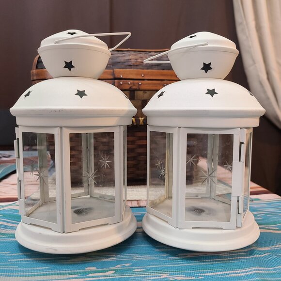 Pair Of Ikea Rotera Hanging Tea Light Votive Lanterns Ivory Snowflake Design - Picture 10 of 11